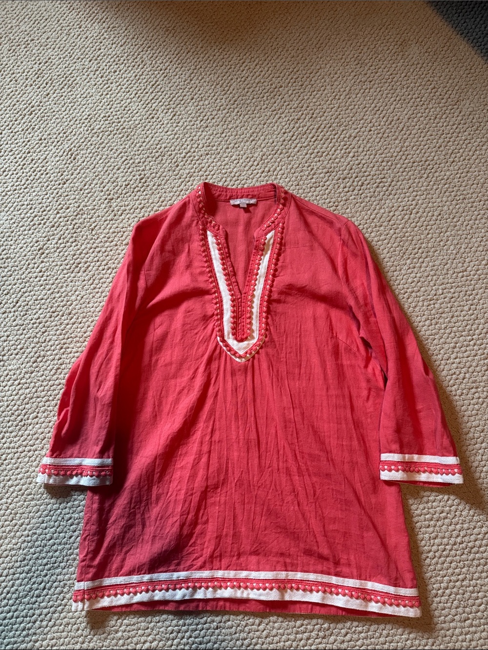 Coral Embroidered Tunic with White Trim
